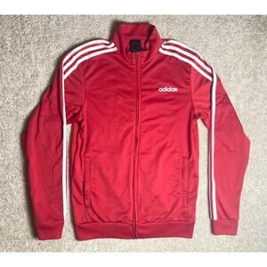 Adidas Womens Small Zip Front Track Coat Jacket Running Red with Stripes Pocket